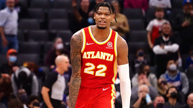 Atlanta Hawks forward Cam Reddish (22) celebrates after scoring a three-point basket against the Sacramento Kings.