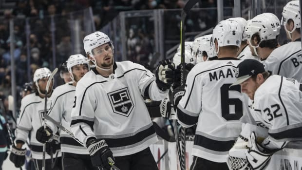 Jan 15, 2022; Seattle, Washington, USA; Los Angeles Kings center Adrian Kempe (9) celebrates scoring a goal during the first period against the Seattle Kraken at Climate Pledge Arena. Mandatory Credit: Stephen Brashear-USA TODAY Sports