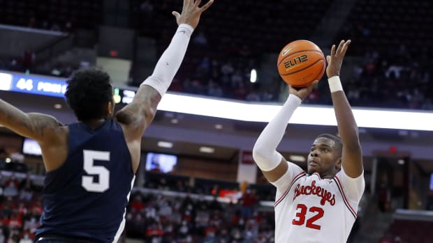 Jan 16, 2022; Columbus, Ohio, USA; Ohio State Buckeyes forward E.J. Liddell (32) shoots over Penn State Nittany Lions forward Greg Lee (5) during the second half at Value City Arena. Mandatory Credit: Joseph Maiorana-USA TODAY Sports