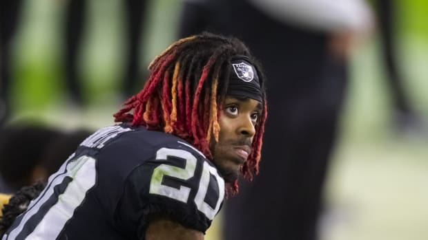 Nov 22, 2020; Paradise, Nevada, USA; Las Vegas Raiders cornerback Damon Arnette (20) against the Kansas City Chiefs at Allegiant Stadium. Mandatory Credit: Mark J. Rebilas-USA TODAY Sports