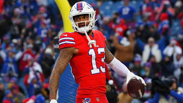 Dec 19, 2021; Orchard Park, New York, USA; Buffalo Bills wide receiver Gabriel Davis (13) reacts to his touchdown against the Carolina Panthers during the second half at Highmark Stadium. Mandatory Credit: Rich Barnes-USA TODAY Sports