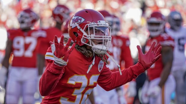 Dec 12, 2021; Kansas City, Missouri, USA; Kansas City Chiefs free safety Tyrann Mathieu (32) reacts to play against the Las Vegas Raiders during the second half at GEHA Field at Arrowhead Stadium. Mandatory Credit: Denny Medley-USA TODAY Sports