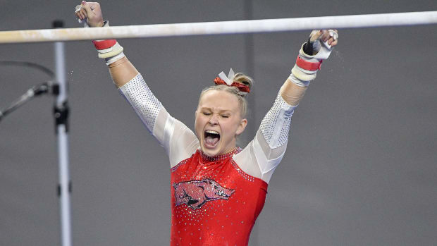 University of Arkansas Razorbacks gymnast Maggie O Hara performs during the 2021 NCAA Women Gymnastics Championships at Dickies Arena.