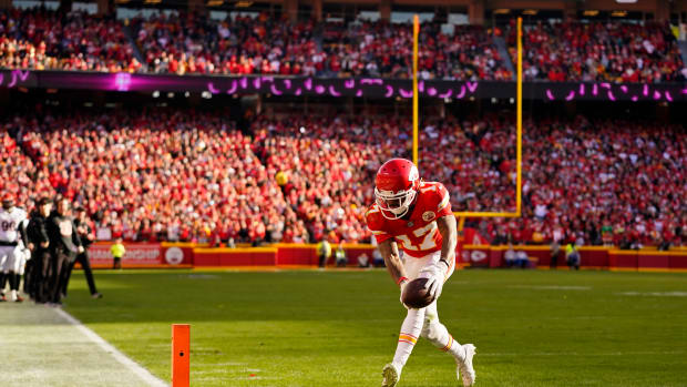 Jan 30, 2022; Kansas City, Missouri, USA; Kansas City Chiefs wide receiver Mecole Hardman (17) scores a touchdown against the Cincinnati Bengals during the second quarter of the AFC Championship Game at GEHA Field at Arrowhead Stadium. Mandatory Credit: Jay Biggerstaff-USA TODAY Sports