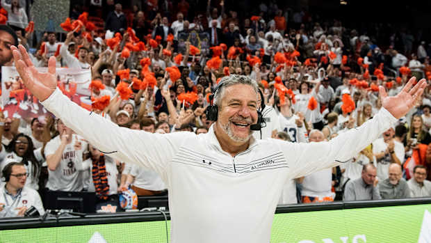 Auburn Tigers head coach Bruce Pearl celebrates after the game at Auburn Arena in Auburn, Ala., on Tuesday, Feb. 1, 2022. Auburn Tigers defeated Alabama Crimson Tide 100-81.