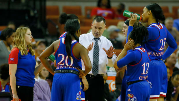 Feb 11, 2017; Austin, TX, USA; Kansas Jayhawks head coach Brandon Schneider on the sidelines against the University of Texas Longhorns at the Frank Erwin Center. Mandatory Credit: Erich Schlegel-USA TODAY Sports