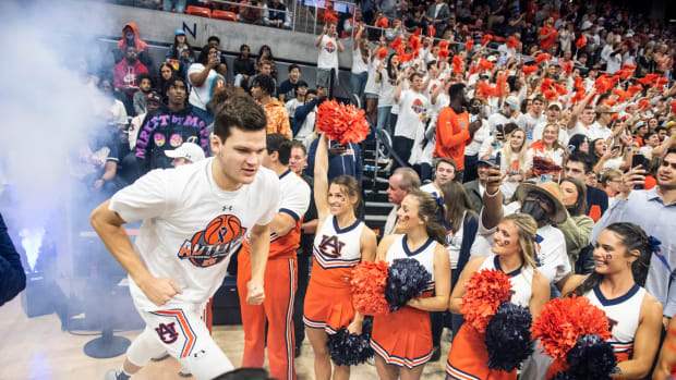 Auburn Tigers player Walker Kessler (13) takes the court as Auburn Tigers men's basketball takes on Texas A&M Aggies at Auburn Arena in Auburn, Ala., on Saturday, Feb. 12, 2022. Auburn Tigers lead Texas A&M Aggies 33-18 at halftime.