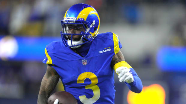 Jan 17, 2022; Inglewood, California, USA; Los Angeles Rams wide receiver Odell Beckham Jr. (3) carries the ball against the Arizona Cardinals during the first half of an NFC Wild Card playoff football game at SoFi Stadium. Mandatory Credit: Kirby Lee-USA TODAY Sports