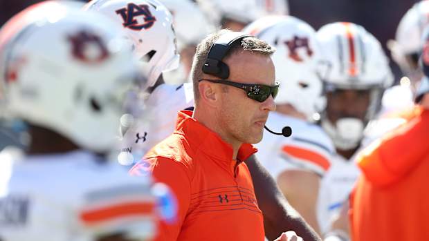 Oct 16, 2021; Fayetteville, Arkansas, USA; Auburn Tigers head coach Bryan Harsin during the fourth quarter against the Arkansas Razorbacks at Donald W. Reynolds Razorback Stadium. Auburn won 38-23. Mandatory Credit: Nelson Chenault-USA TODAY Sports