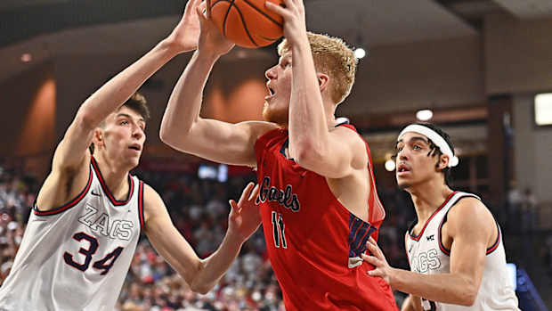 Saint Mary's forward Matthias Tass shoots vs. Gonzaga