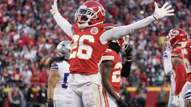 Nov 21, 2021; Kansas City, Missouri, USA; Kansas City Chiefs defensive back Chris Lammons (26) celebrates after a play against the Dallas Cowboys during the game at GEHA Field at Arrowhead Stadium. Mandatory Credit: Denny Medley-USA TODAY Sports