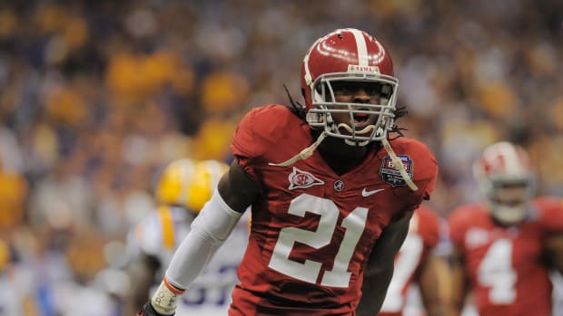 Alabama Crimson Tide defensive back Dre Kirkpatrick (21) reacts during the second half of the 2012 BCS National Championship game against the LSU Tigers at the Mercedes-Benz Superdome.