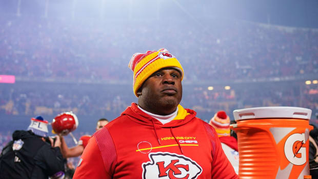 Jan 23, 2022; Kansas City, Missouri, USA; Kansas City Chiefs offensive coordinator Eric Bieniemy leaves the field after defeating the Buffalo Bills in an AFC Divisional playoff football game at GEHA Field at Arrowhead Stadium. Mandatory Credit: Jay Biggerstaff-USA TODAY Sports