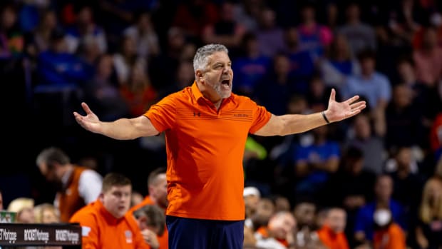 Feb 19, 2022; Gainesville, Florida, USA; Auburn Tigers head coach Bruce Pearl screams during the second half against the Florida Gators at Billy Donovan Court at Exactech Arena. Mandatory Credit: Matt Pendleton-USA TODAY Sports
