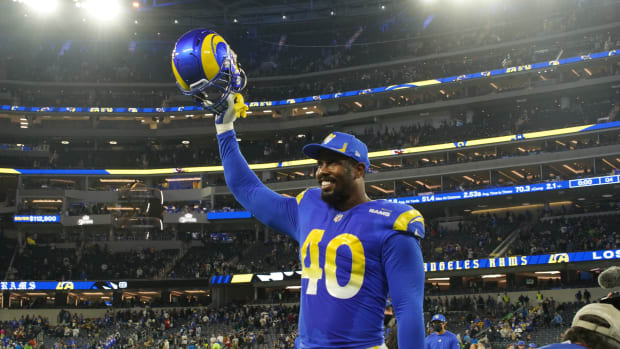 Dec 21, 2021; Inglewood, California, USA; Los Angeles Rams outside linebacker Von Miller (40) celebrates after the game against the Seattle Seahawks at SoFi Stadium. The Rams defeated the Seahawks 20-10. Mandatory Credit: Kirby Lee-USA TODAY Sports