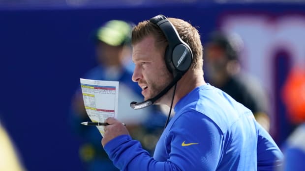 Oct 17, 2021; East Rutherford, New Jersey, USA; Los Angeles Rams head coach Sean McVay during the game against the New York Giants at MetLife Stadium. Mandatory Credit: Robert Deutsch-USA TODAY Sports
