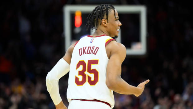 Feb 28, 2022; Cleveland, Ohio, USA; Cleveland Cavaliers forward Isaac Okoro (35) celebrates his three-point basket in the fourth quarter Minnesota Timberwolves at Rocket Mortgage FieldHouse. Mandatory Credit: David Richard-USA TODAY Sports