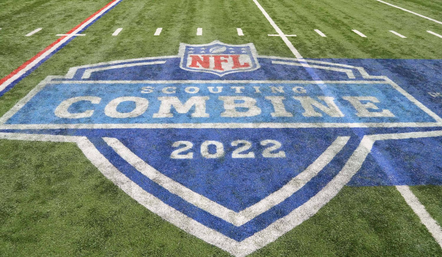 Mar 3, 2022; Indianapolis, IN, USA;General view of the NFL Scouting Combine logo on the field during the 2022 NFL Scouting Combine at Lucas Oil Stadium.