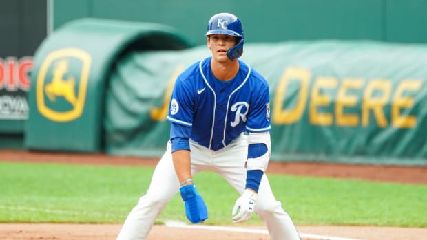 Jul 21, 2020; Kansas City, Missouri, USA; Kansas City Royals shortstop Bobby Witt (90) leads off from first base against the Houston Astros at Kauffman Stadium. Mandatory Credit: Jay Biggerstaff-USA TODAY Sports