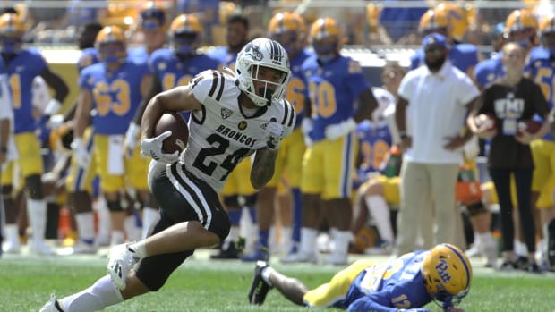 Sep 18, 2021; Pittsburgh, Pennsylvania, USA; Western Michigan Broncos wide receiver Skyy Moore (24) runs after a pass reception on is way to scoring a touchdown against the Pittsburgh Panthers during the second quarter at Heinz Field. Mandatory Credit: Charles LeClaire-USA TODAY Sports