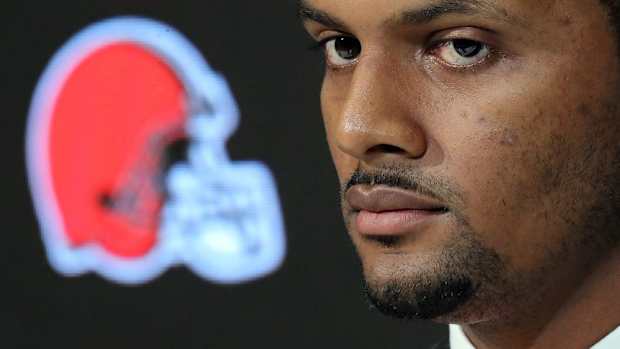 Cleveland Browns quarterback Deshaun Watson listens to questions asked by members of the local media during his introductory press conference at the Cleveland Browns Training Facility on Friday. Watsonpress 1