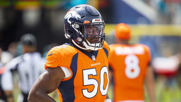 Denver Broncos linebacker Jonas Griffith (50) against the Jacksonville Jaguars at TIAA Bank Field.