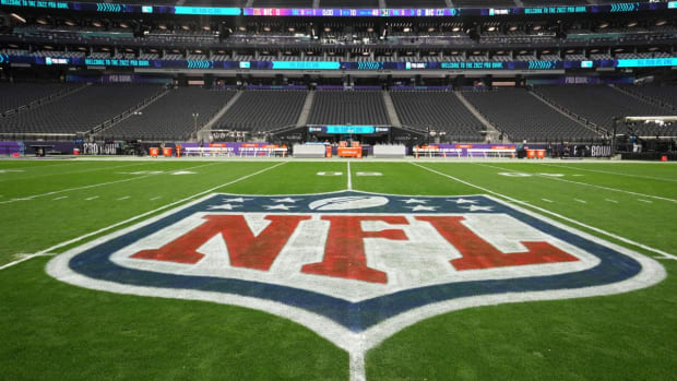 Feb 6, 2022; Paradise, Nevada, USA; The NFL shield logo is seen at midfield before the Pro Bowl football game at Allegiant Stadium. Mandatory Credit: Kirby Lee-USA TODAY Sports