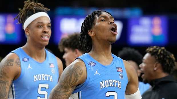 North Carolina’s Caleb Love (2) celebrates after North Carolina’s win against Duke in a college basketball game during the semifinal round of the Men’s Final Four NCAA tournament, Saturday, April 2, 2022, in New Orleans.