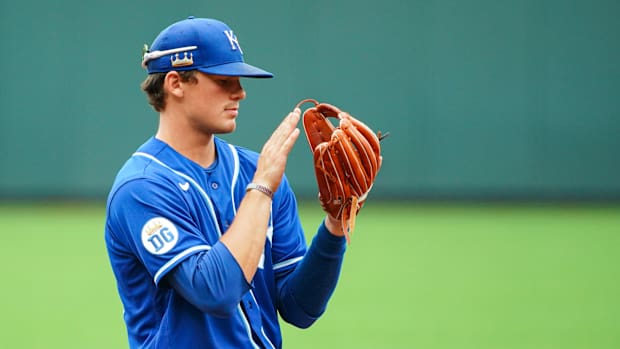 Jul 21, 2020; Kansas City, Missouri, USA; Kansas City Royals shortstop Bobby Witt (90) gets ready to defend against the Houston Astros at Kauffman Stadium. Mandatory Credit: Jay Biggerstaff-USA TODAY Sports
