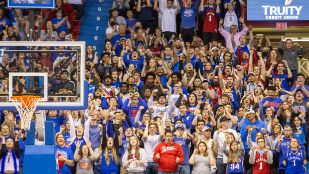 Apr 4, 2022; Lawrence, Kansas, USA; Kansas Jayhawks fans react to the the 2022 NCAA men's basketball tournament Final Four championship game at a watch party at Allen Fieldhouse. Mandatory Credit: Scott Sewell-USA TODAY Sports