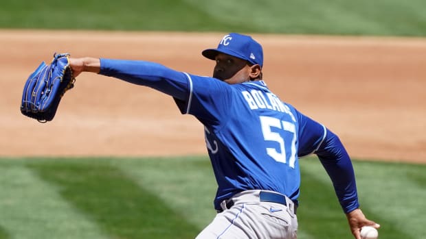Jun 12, 2021; Oakland, California, USA; Kansas City Royals relief pitcher Ronald Bolanos (57) throws a pitch during the second inning against the Oakland Athletics at RingCentral Coliseum. Mandatory Credit: Darren Yamashita-USA TODAY Sports