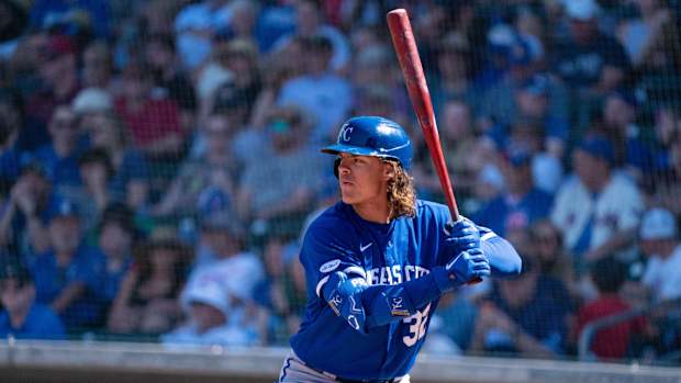 Mar 27, 2022; Mesa, Arizona, USA; Kansas City Royals infielder Nick Pratto (32) at bat in the third inning during a spring training game against the Chicago Cubs at Sloan Park. Mandatory Credit: Allan Henry-USA TODAY Sports