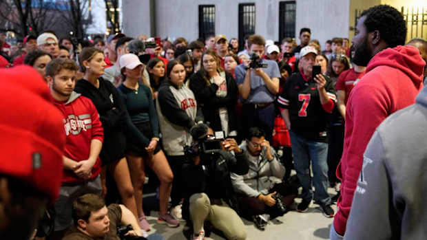Former Ohio State quarterback Cardale Jones speaks at vigil for Dwayne Haskins.