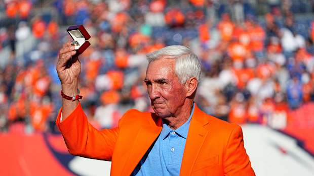 Former Denver Broncos head coach and Ring of Fame induction of Mike Shanahan during the game against the Las Vegas Raiders at Empower Field at Mile High.