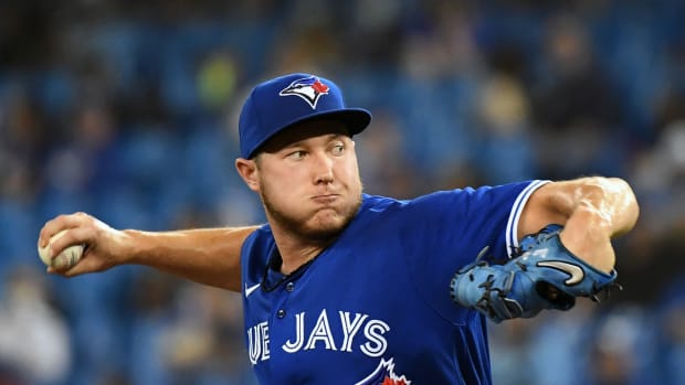 Sep 17, 2021; Toronto, Ontario, CAN; Toronto Blue Jays relief pitcher Nate Pearson (24) throws a pitch against Minnesota Twins in the seventh inning at Rogers Centre. Mandatory Credit: Dan Hamilton-USA TODAY Sports