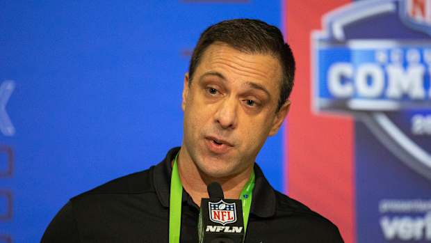 Mar 1, 2022; Indianapolis, IN, USA; Kansas City Chiefs general manager Brett Veach talks to the media during the 2022 NFL Combine. Mandatory Credit: Trevor Ruszkowski-USA TODAY Sports