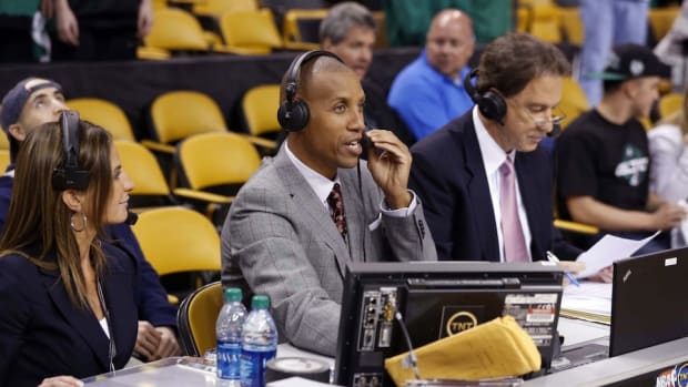 Reggie Miller serves as a game analyst for TNT in Boston.
