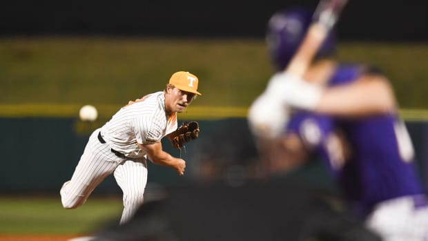 Tennessee's Ben Joyce (44) pitches against Tennessee Tech's Eric Newsom (26) who hits a 2-run home run during the NCAA baseball game between Tennessee and Tennessee Tech at Smokies Stadium in Sevierville, Tenn. on Tuesday, April 12, 2022. Kns Ut Base Tn Tech