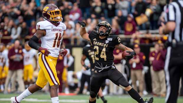 Western Michigan wide receiver Skyy Moore (24) receives a pass during the Battle for the Cannon between Western Michigan and Central Michigan on Saturday, Sept. 28, 2019 at Waldo Stadium in Kalamazoo, Mich. Wmuvscmu02