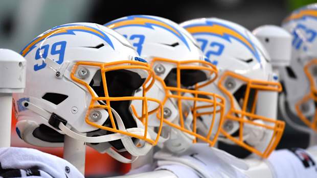 Nov 7, 2021; Philadelphia, Pennsylvania, USA; Los Angeles Chargers helmets on the bench against the Philadelphia Eagles at Lincoln Financial Field. Mandatory Credit: Eric Hartline-USA TODAY Sports