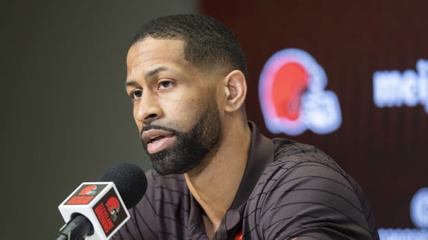 Mar 25, 2022; Berea, OH, USA; Cleveland Browns general manager Andrew Berry talks with the media during a press conference to introduce new quarterback Deshaun Watson at the CrossCountry Mortgage Campus. Mandatory Credit: Ken Blaze-USA TODAY Sports