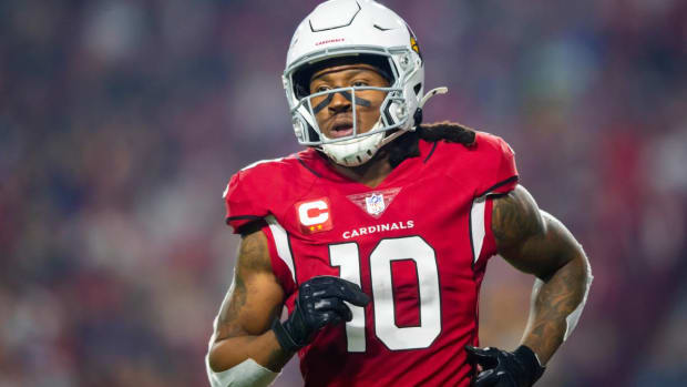 Dec 13, 2021; Glendale, Arizona, USA; Arizona Cardinals wide receiver DeAndre Hopkins (10) against the Los Angeles Rams at State Farm Stadium. Mandatory Credit: Mark J. Rebilas-USA TODAY Sports