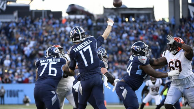 Tennessee Titans quarterback Ryan Tannehill (17) throws during the first half of an AFC Divisional playoff football game against the Cincinnati Bengals at Nissan Stadium.