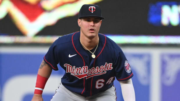 Minnesota Twins first baseman Jose Miranda (64) looks into home plate during the first inning against the Baltimore Orioles.