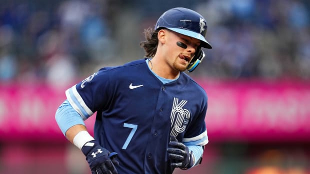 May 3, 2022; Kansas City, Missouri, USA; Kansas City Royals third baseman Bobby Witt Jr. (7) rounds the bases after hitting a home run during the second inning against the St. Louis Cardinals at Kauffman Stadium. It was the first MLB home run hit by Witt Jr. Mandatory Credit: Jay Biggerstaff-USA TODAY Sports
