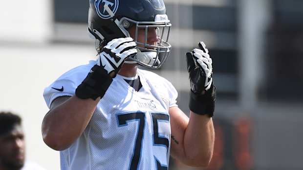 Tennessee Titans offensive tackle Dillon Radunz (75) before individual drills during training camp at Saint Thomas Sports Park.