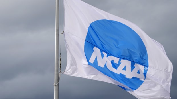 Jun 11, 2021; Eugene, Oregon, USA; An NCAA logo flag at the NCAA Track and Field Championships at Hayward Field.