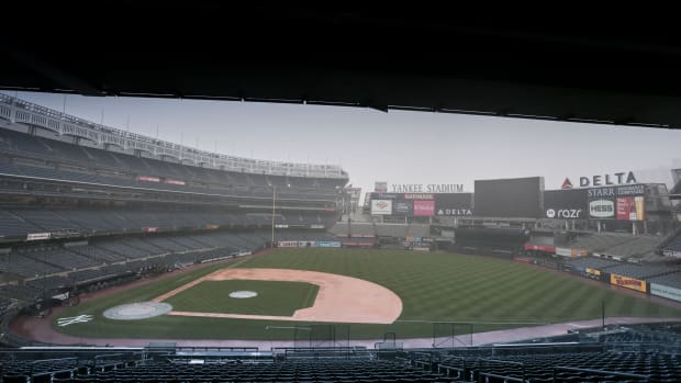 Jul 8, 2020; Bronx, New York, United States; A general view of the Yankee Stadium during a rain storm during summer workouts at Yankee Stadium. Mandatory Credit: Vincent Carchietta-USA TODAY Sports