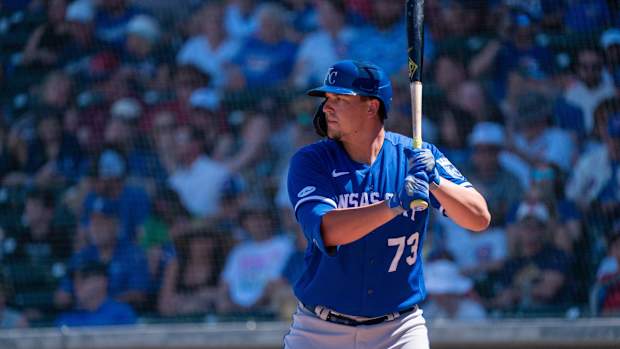 Mar 27, 2022; Mesa, Arizona, USA; Kansas City Royals designated hitter Vinnie Pasquantino (73) at bat in the second inning during a spring training game against the Chicago Cubs at Sloan Park. Mandatory Credit: Allan Henry-USA TODAY Sports