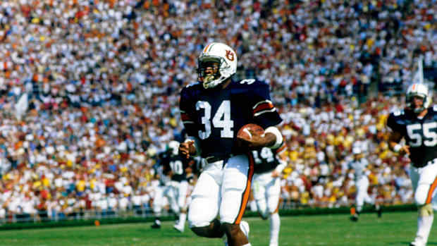 Oct 12, 1985; Auburn, AL, USA; FILE PHOTO; Auburn Tigers running back Bo Jackson (34) carries the ball against the Florida State Seminoles at Jordan Hare Stadium.
